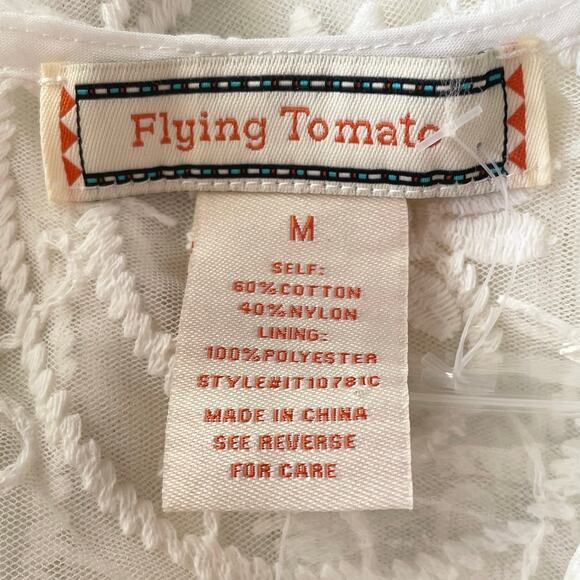 Flying Tomato White Lace Blouse Size M Ruffle Floral Embroidery Cottage Romantic - Picture 7 of 8